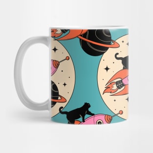 Space Walker Black Cat Pattern in blue Mug